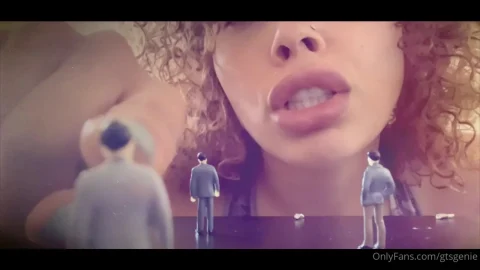 Giantess fantasy with curly haired brunette playing with tiny men